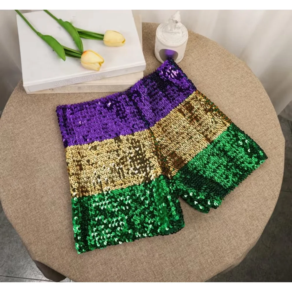 Sequin High Waist Shorts - Purple, Gold, Green - Picture 4 of 5